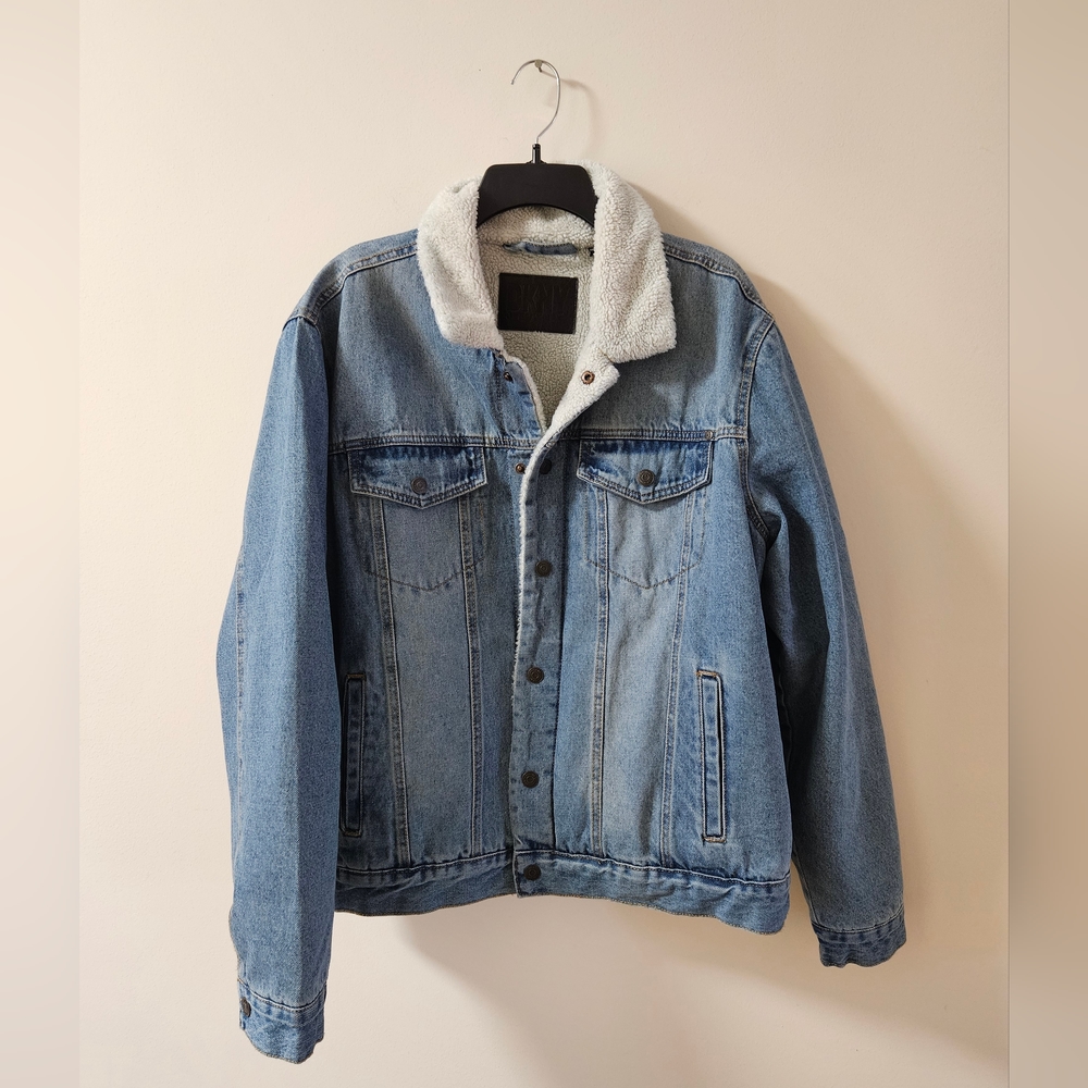 Vintage Faux Fur Collar & Full Lining Dusty Indigo Denim Unisex Jacket By DKNY
